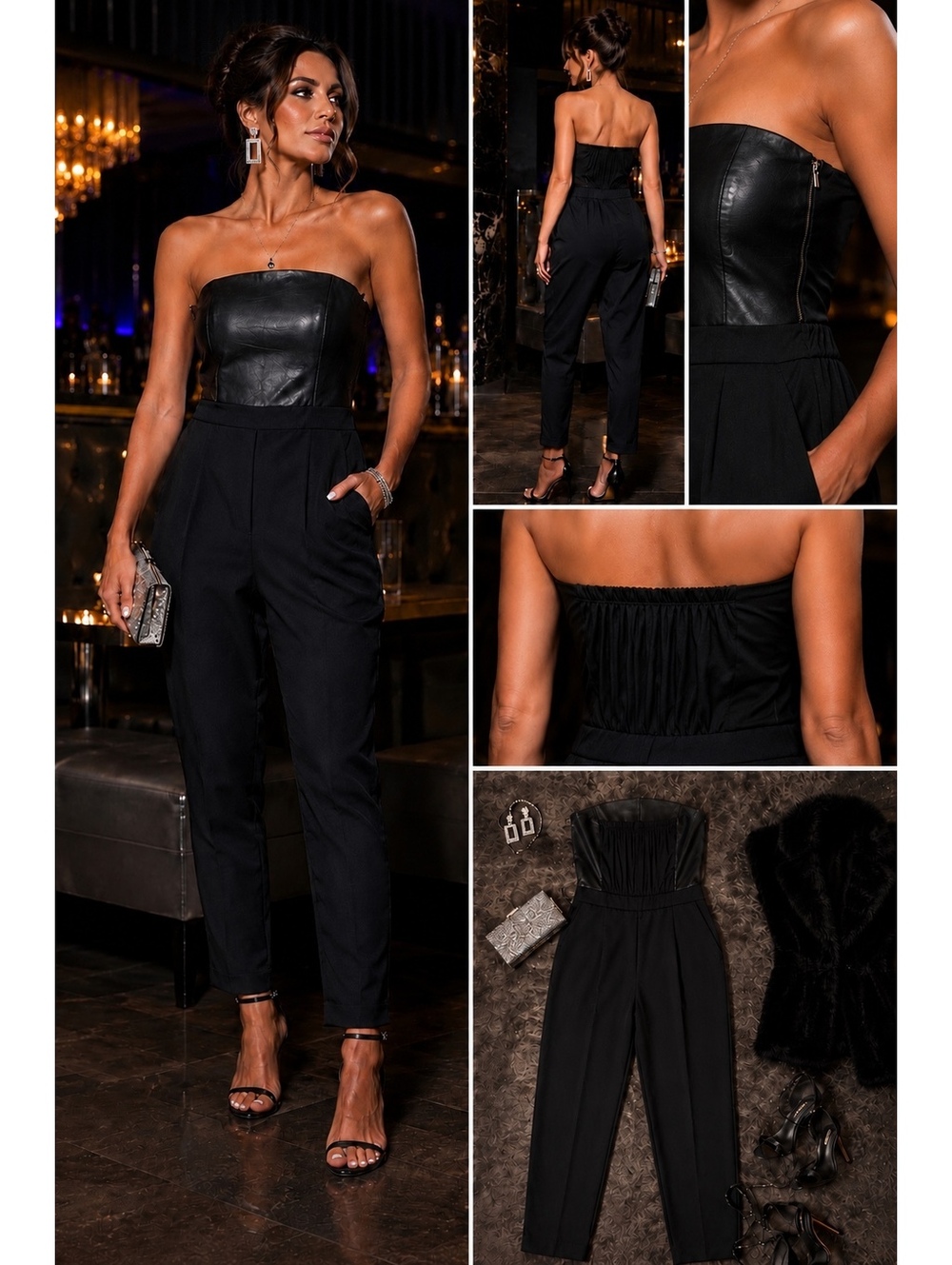 Black Leather Bodice Strapless Jumpsuit 8 Corset Cocktail Party 90s